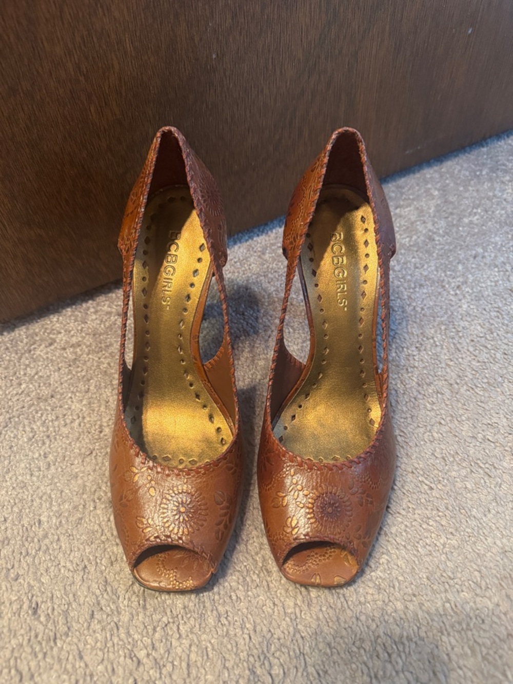 BCBGirls Tan Floral Cutout Peep-Toe Heels